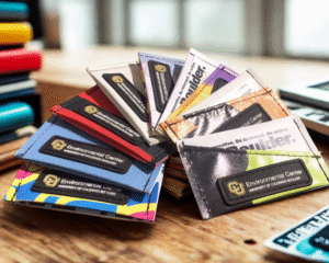 Upcycled CU Boulder ID wallets made from recycled campus banners for the Environmental Center.