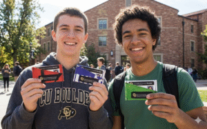 Upcycled CU Boulder ID wallets made from recycled campus banners for the Environmental Center.