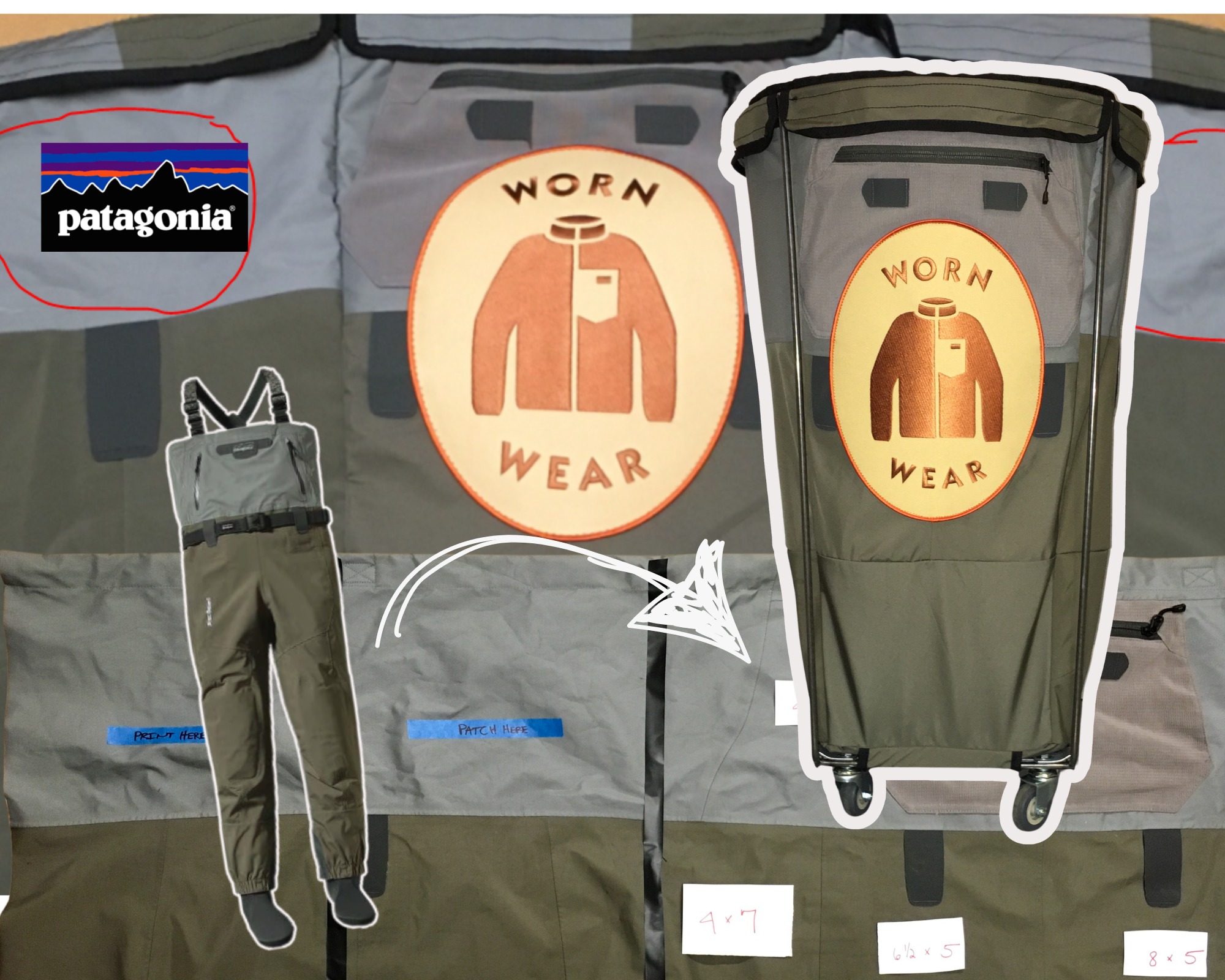 Upcycled Patagonia wader bins created by Ecologic Designs for the Worn Wear program.