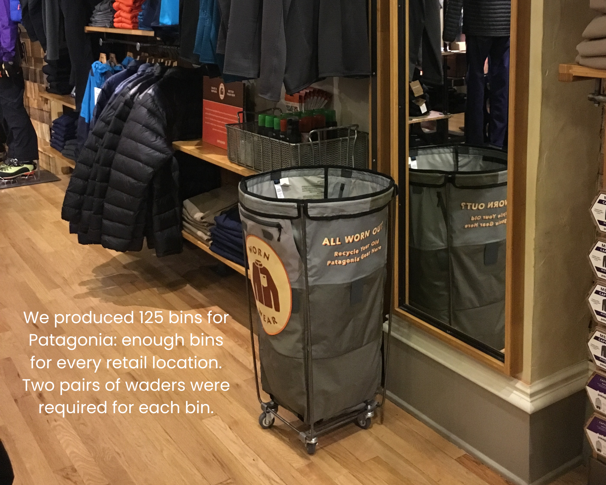 Upcycled Patagonia wader bins created by Ecologic Designs for the Worn Wear program.