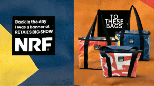 Upcycled NRF event banner tote bag highlighting sustainable event signage solutions.