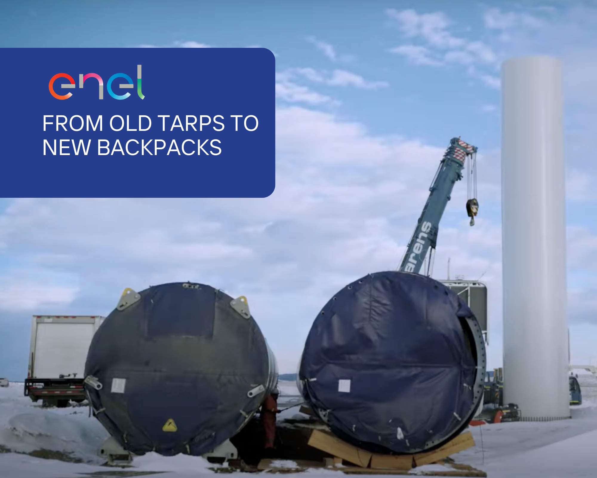A custom Enel North America backpack upcycled from retired wind project tarp material.