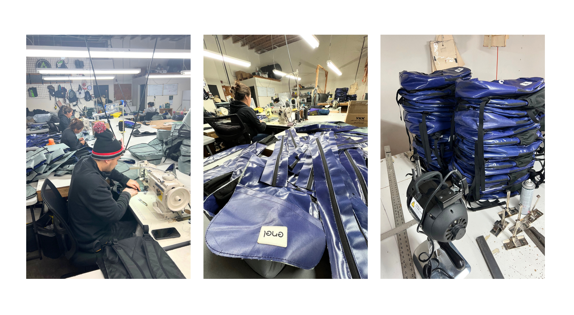 he Ecologic Designs team cutting and prepping heavy-duty Enel wind project tarps for manufacturing.