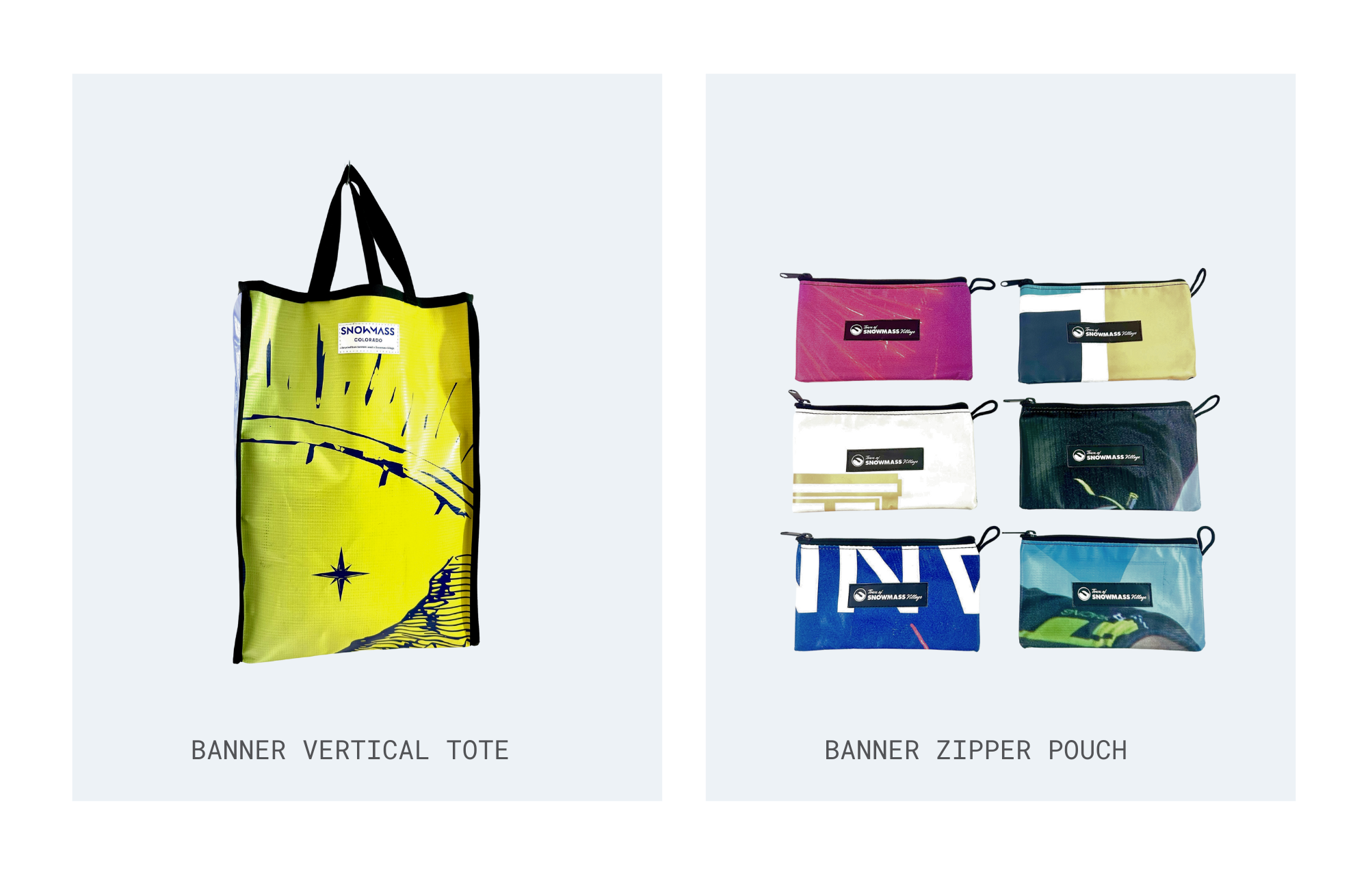 Collection of Snowmass Tourism upcycled products: tote bag, zipper pouch, and luggage tag made from recycled banners. Corporate Swag