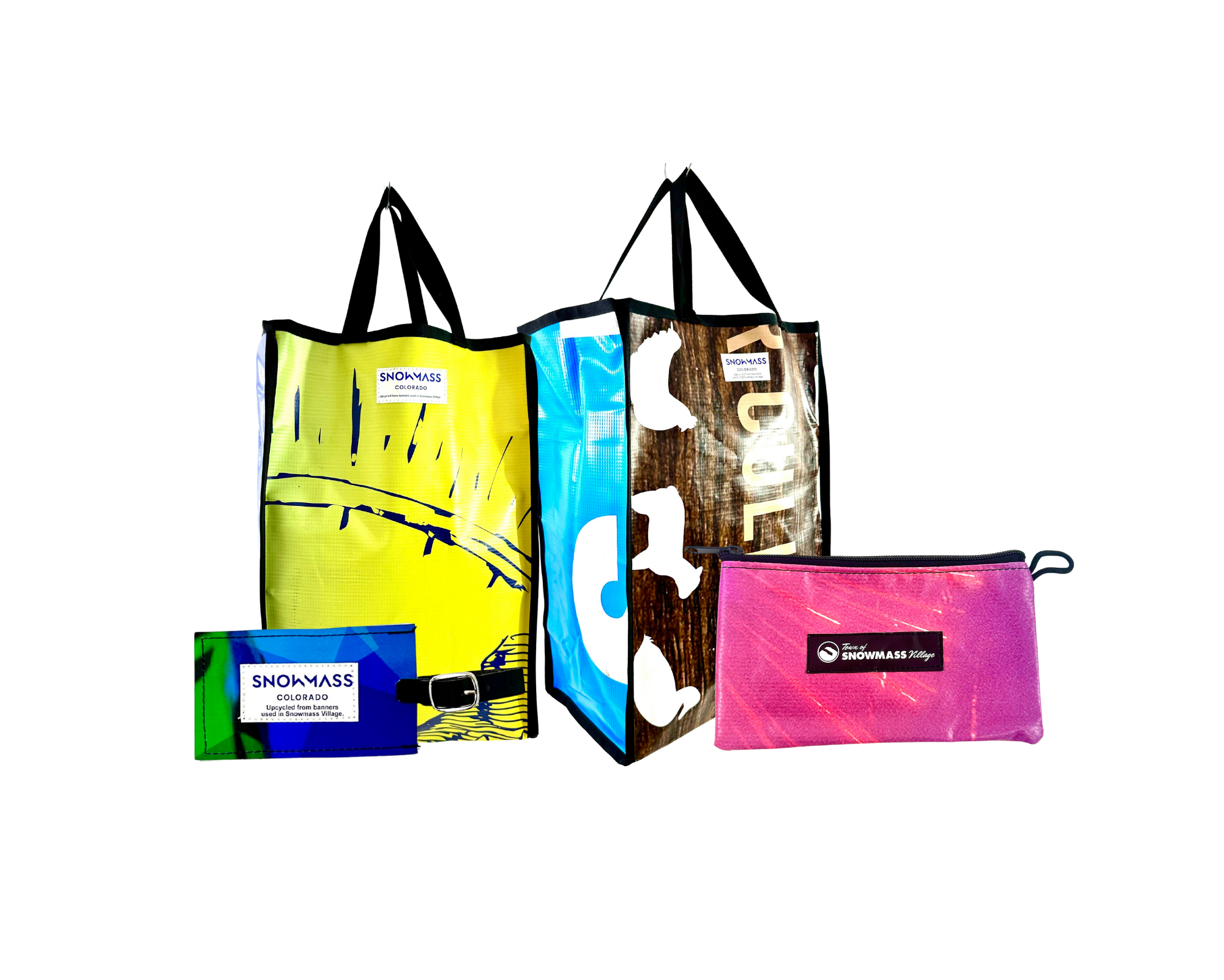 Snowmass Colorado vinyl banner before transformation into sustainable marketing products.