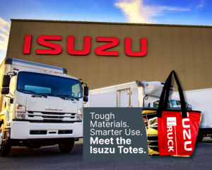 Heavy-duty tote bag made from upcycled Isuzu Commercial Trucks banner
