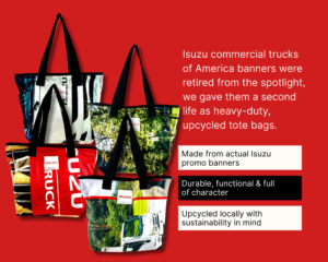Heavy-duty tote bag made from upcycled Isuzu Commercial Trucks banner.