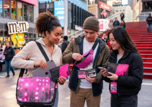 Collection of T-Mobile tote bag,hip bags and wallets handcrafted from NYC outdoor advertisements.
