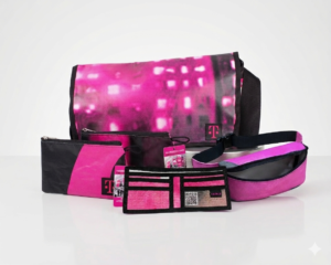 Collection of T-Mobile hip bags and wallets handcrafted from NYC outdoor advertisements.