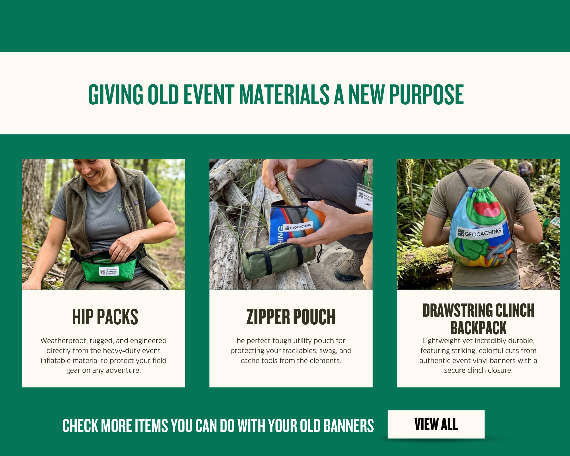 Geocaching upcycled bags and accessories from old inflatable event promo materials