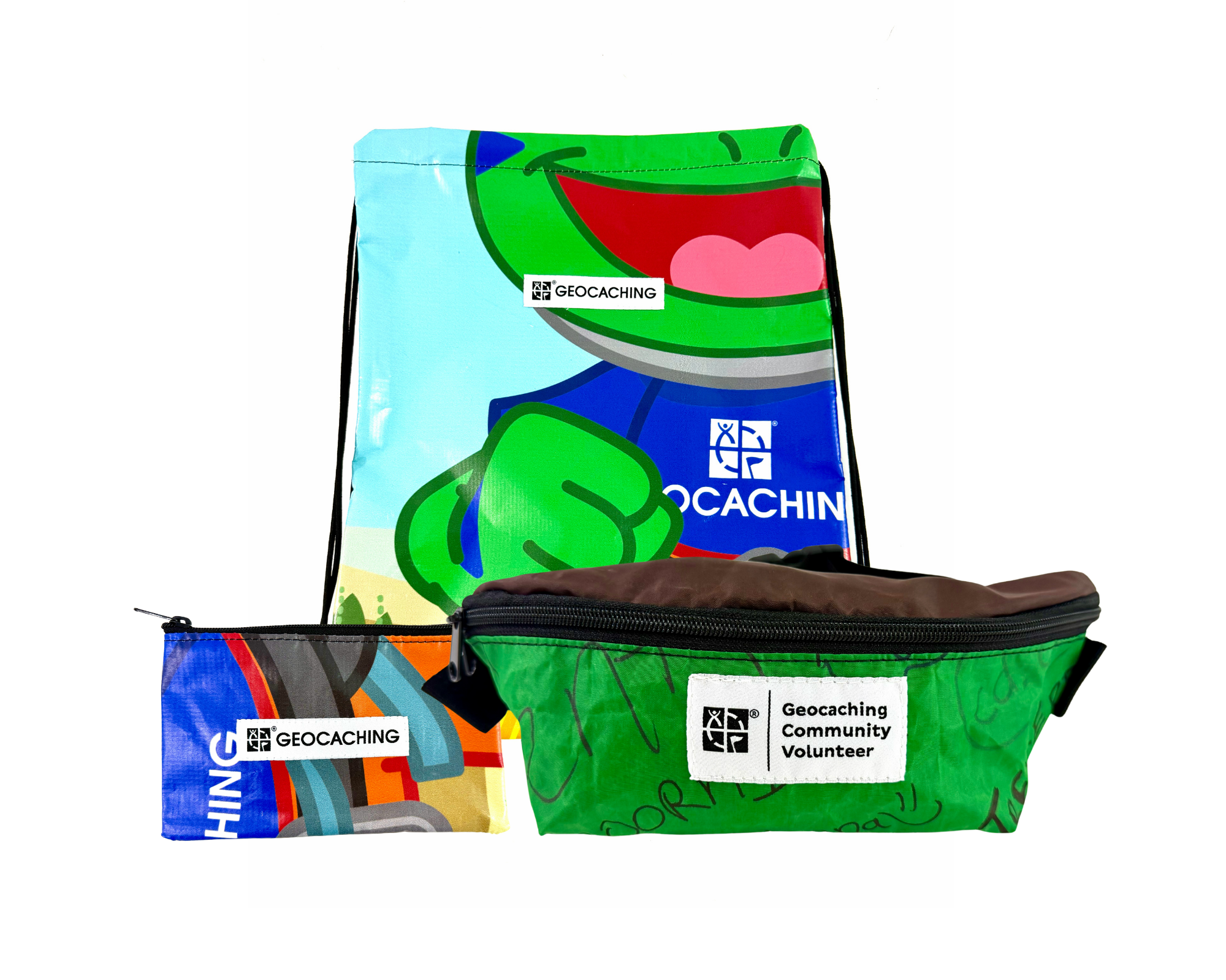 Limited edition upcycled geocaching gear hip packs built from recycled corporate event banners.
