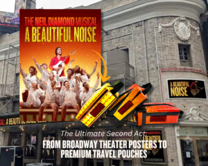 Premium travel pouch kit upcycled from Broadway theater marketing banners.