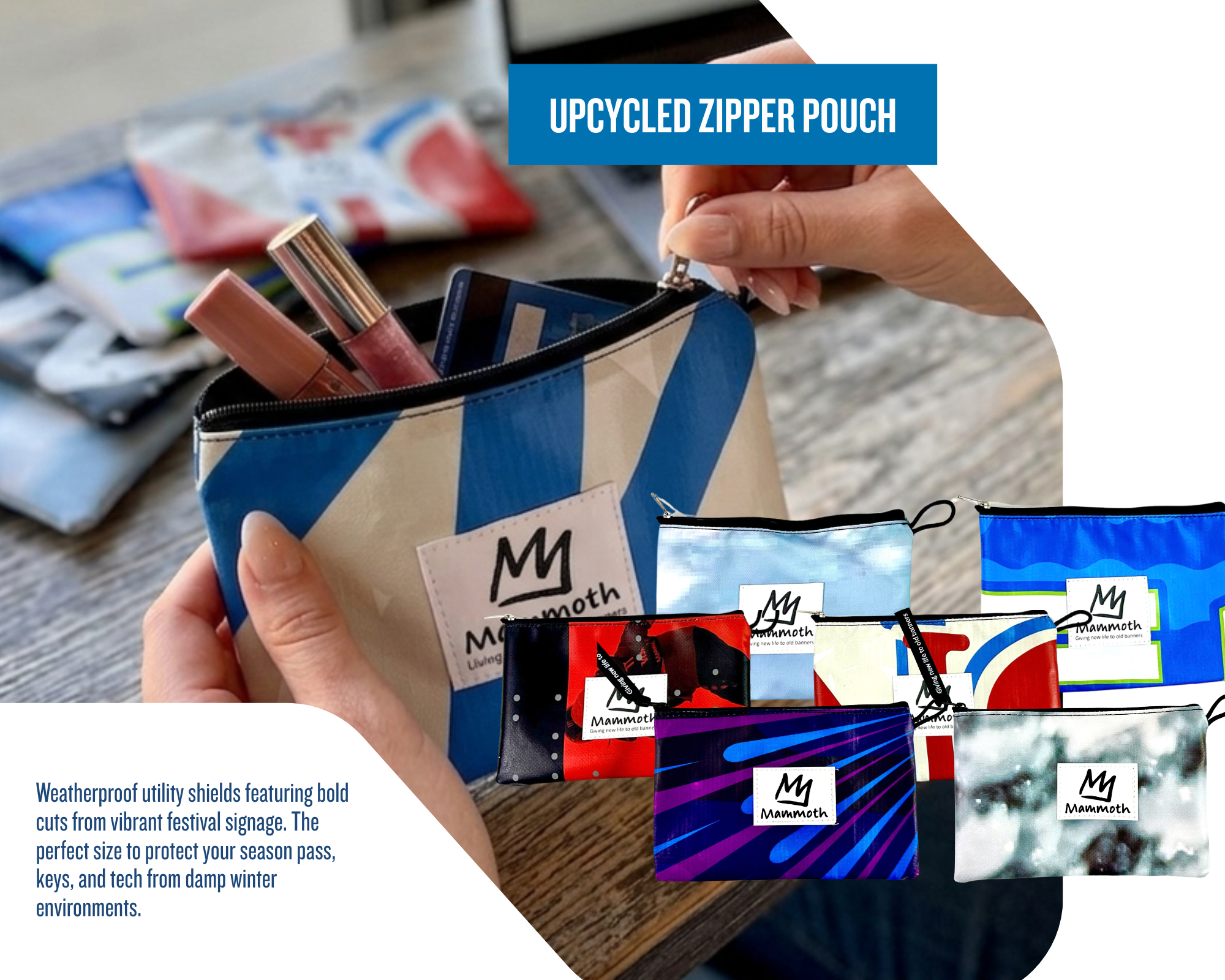 Eco-friendly festival zipper pouch utility kit manufactured from repurposed outdoor event promotional wraps.