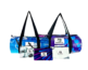 Premium duffle bag upcycled from heavy-duty Mammoth Mountain ski competition vinyl banner signage.