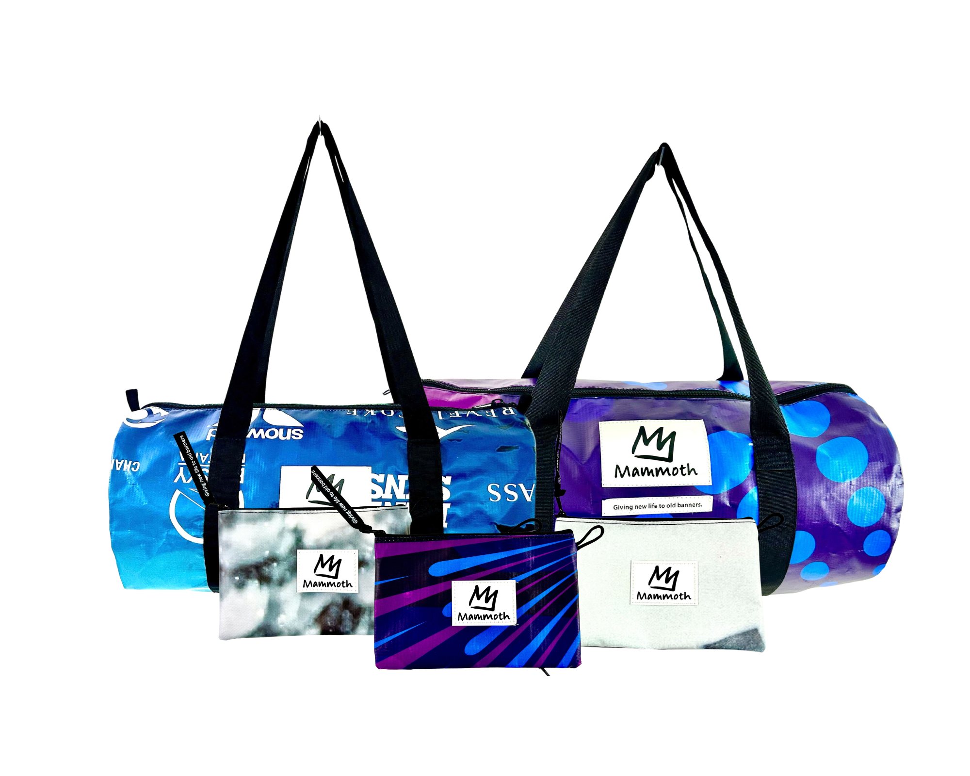 Premium duffle bag upcycled from heavy-duty Mammoth Mountain ski competition vinyl banner signage.