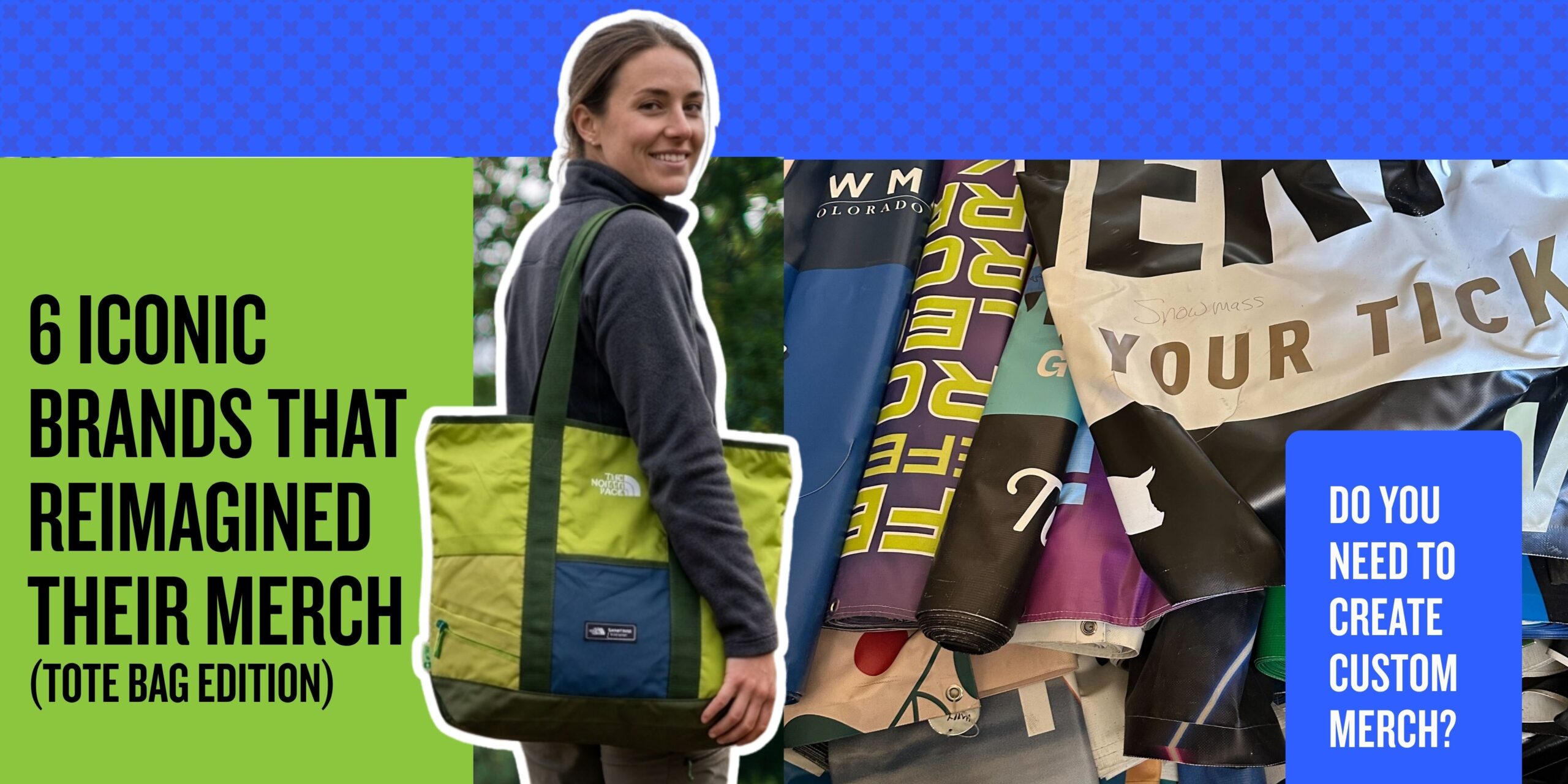 Custom upcycled tote bags made from retired banners, billboards, and technical jackets for sustainable corporate merchandise.
