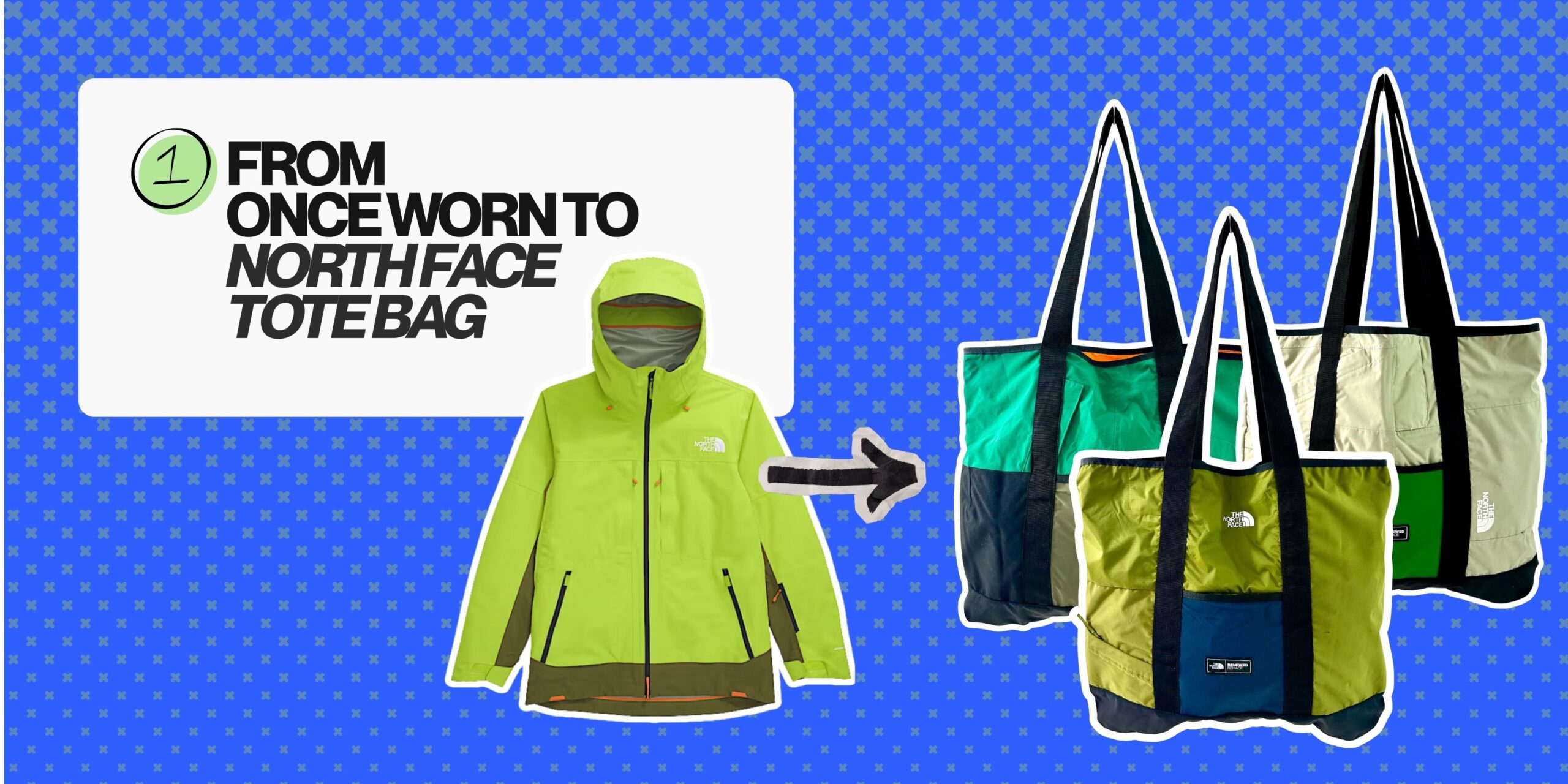 Durable everyday carry tote bag crafted from upcycled The North Face jacket remnants.