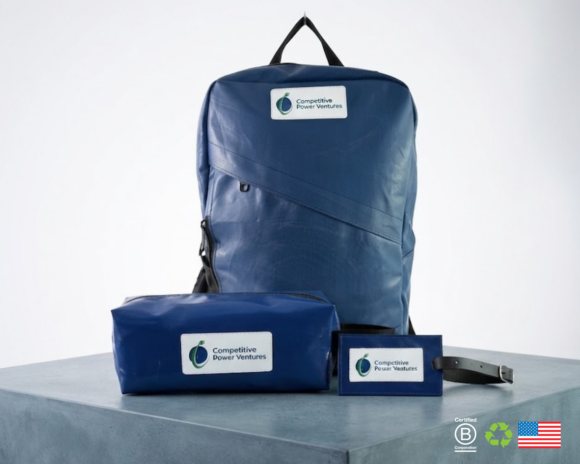 Custom upcycled backpacks and travel kits handcrafted from industrial PVC materials from CPV Rogue’s Wind clean energy project in Pennsylvania.