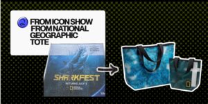 High-capacity upcycled tote bag made from a National Geographic Sharkfest billboard advertisement.
