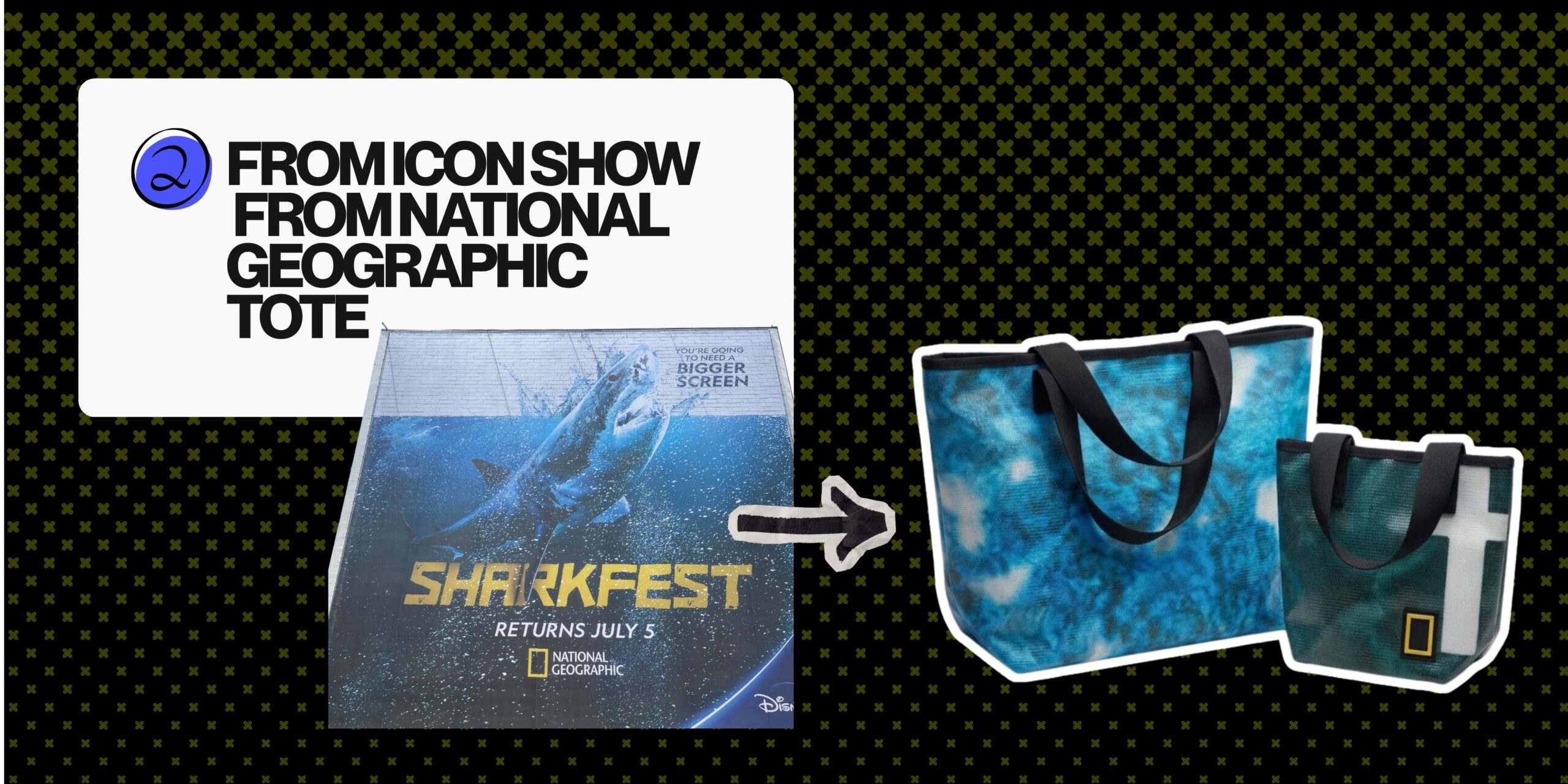 High-capacity upcycled tote bag made from a National Geographic Sharkfest billboard advertisement.