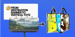 Vertical upcycled tote bag handcrafted from Snowmass recreation vinyl banners.
