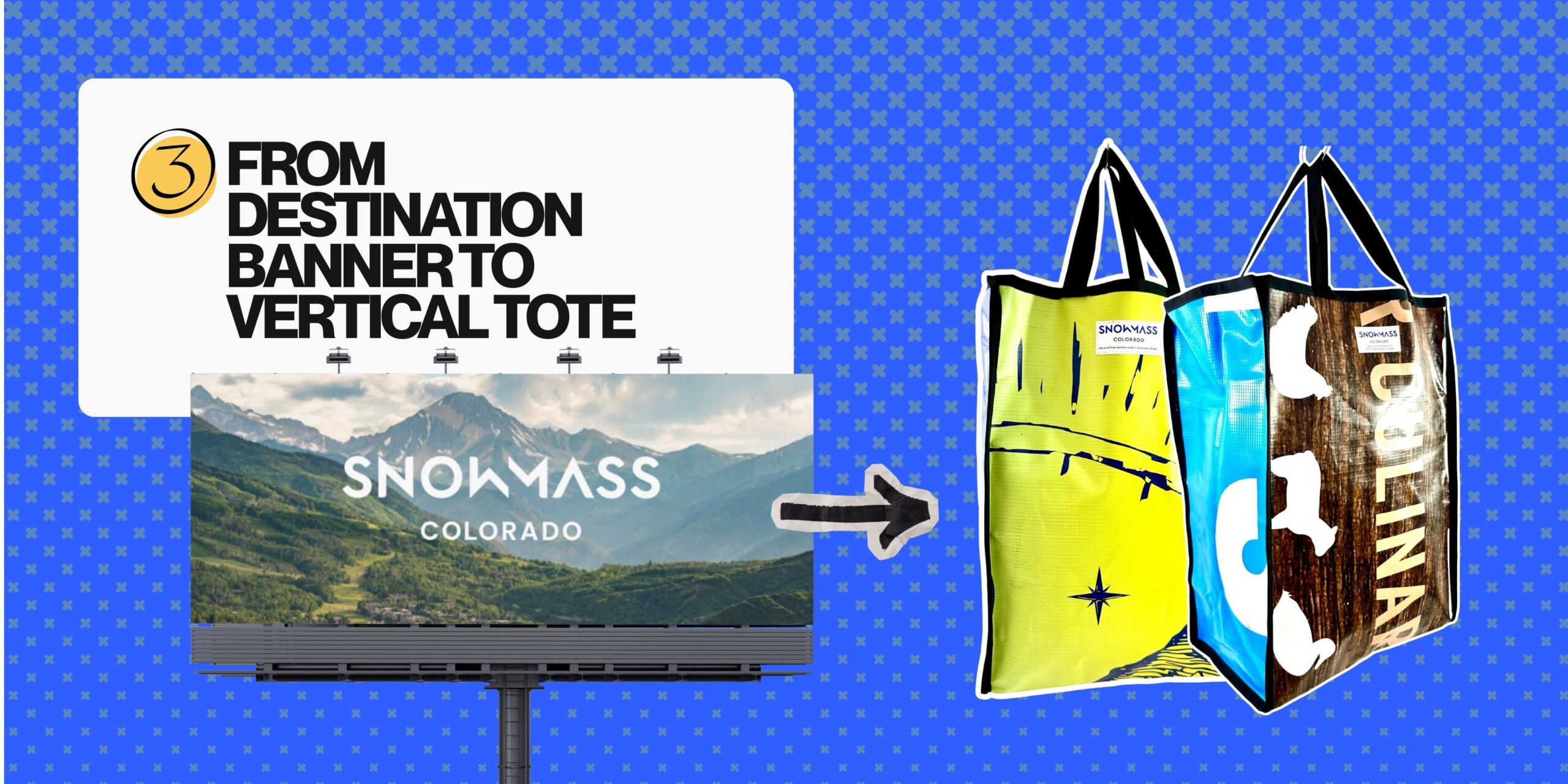 Vertical upcycled tote bag handcrafted from Snowmass recreation vinyl banners.