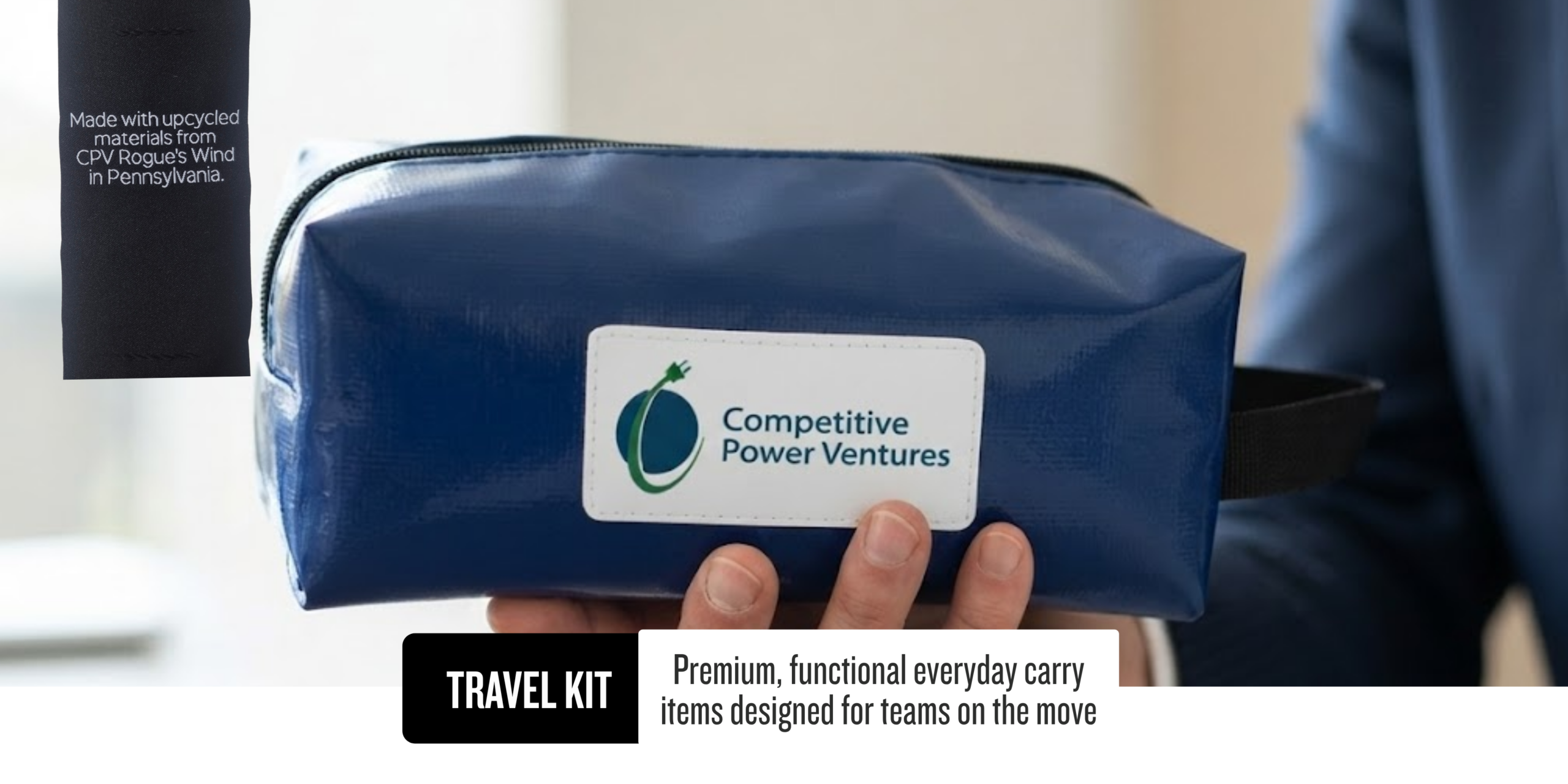 Customised traveli kit made from CPV Rogue Wind upcycled materials