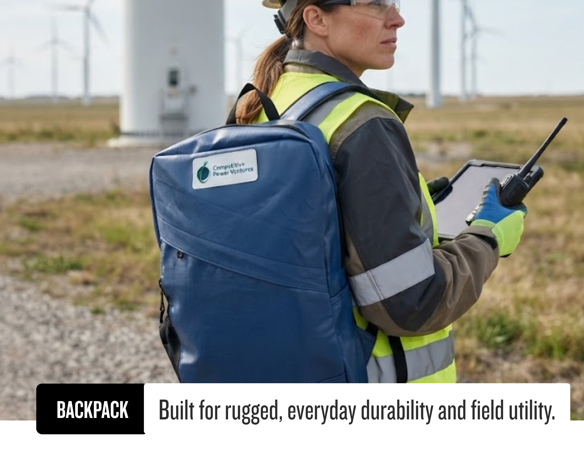 Dugable everyday carry backpack made from sustainable upcycled industrial PVC materials for eco-friendly corporate merchandise.