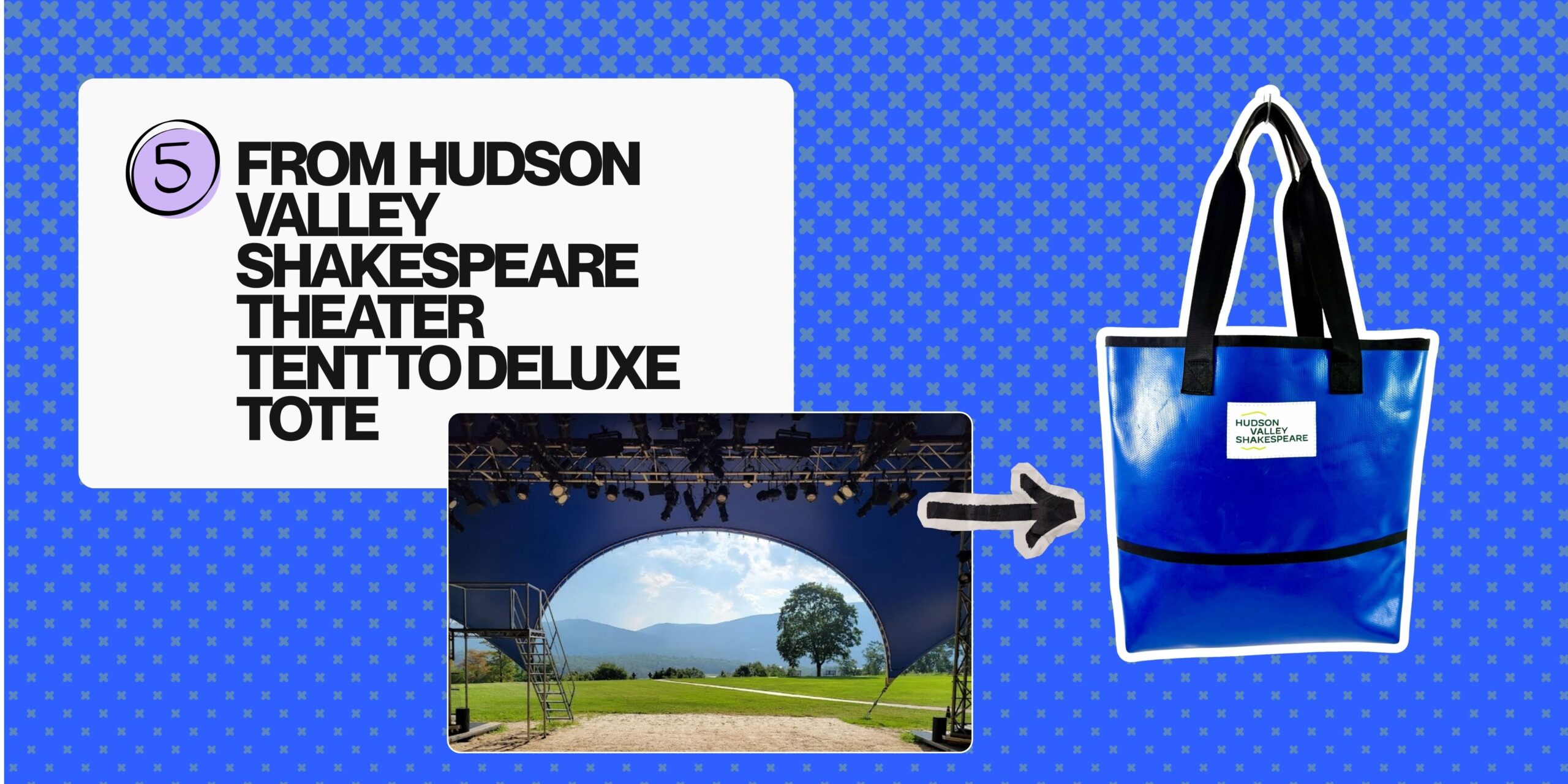 Limited-edition deluxe tote bag deconstructed and upcycled from Hudson Valley Shakespeare festival tents.