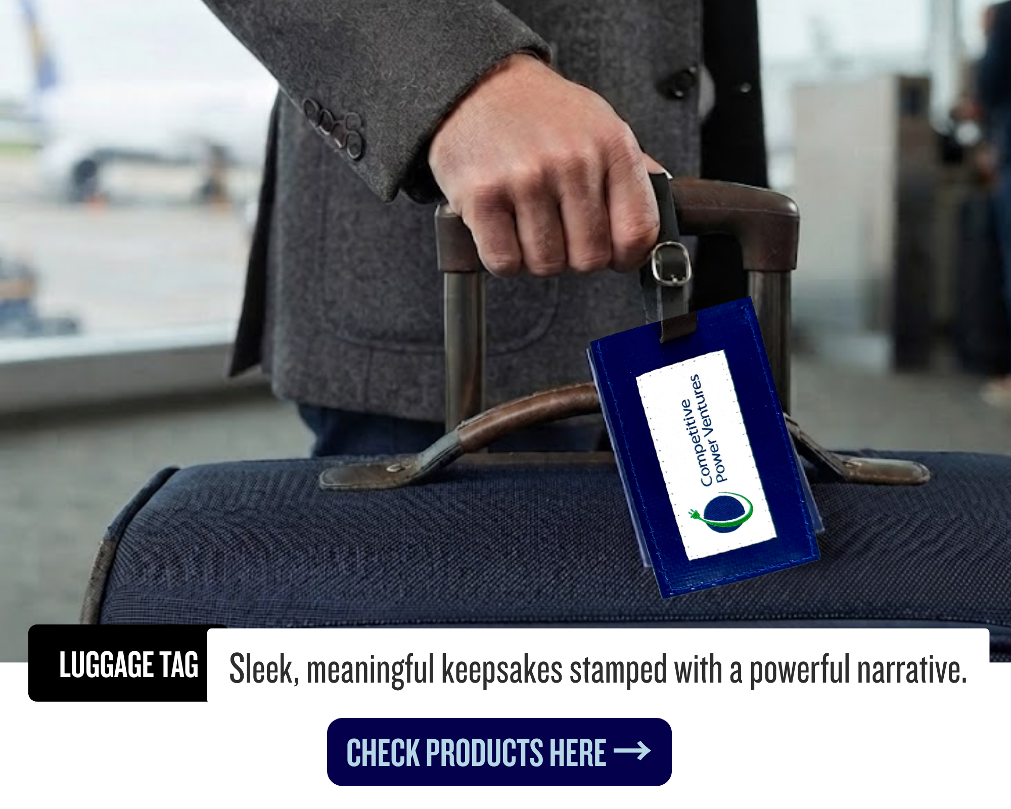 Customised travel tag made from CPV Rogue Wind upcycled materials