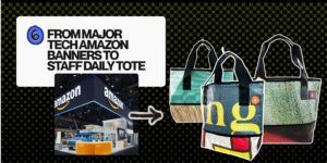 Professional staff daily tote bag upcycled from major Amazon corporate tech event banners.