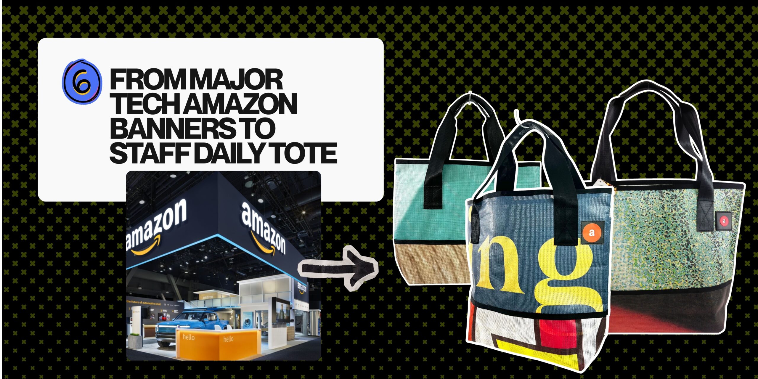 Professional staff daily tote bag upcycled from major Amazon corporate tech event banners.