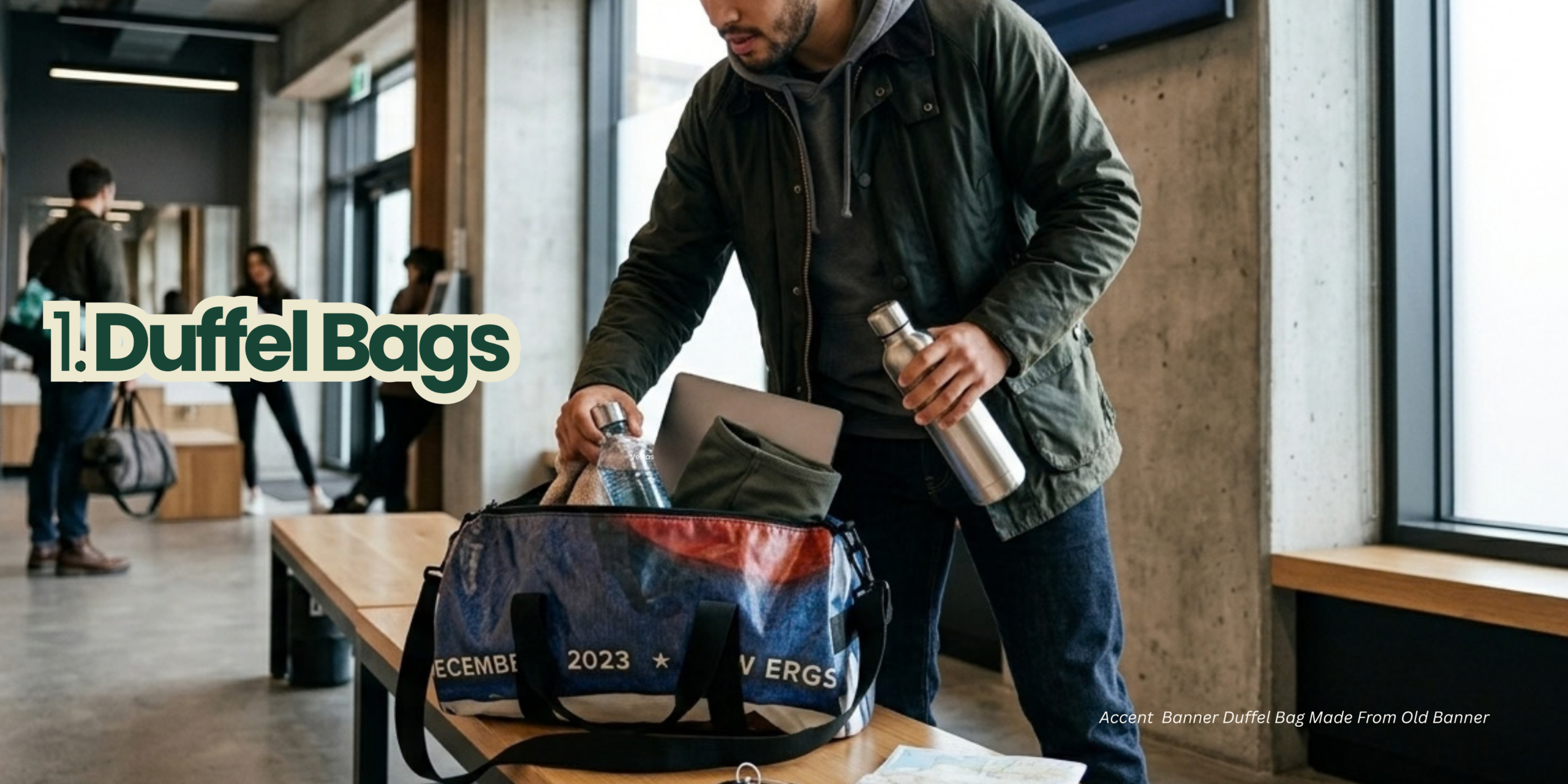 High-end upcycled duffels bags for corporate merch