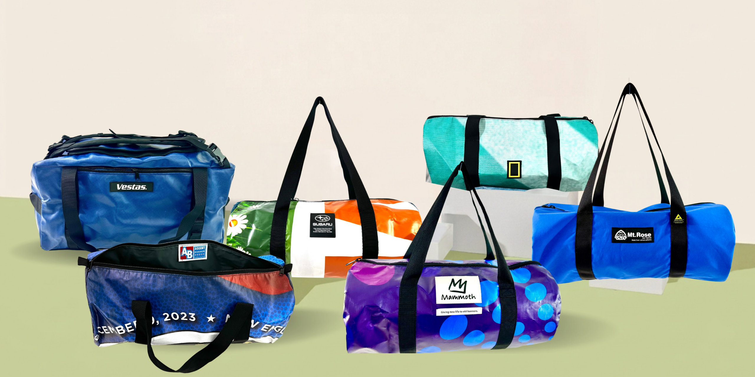 High-end upcycled duffels corporate swag