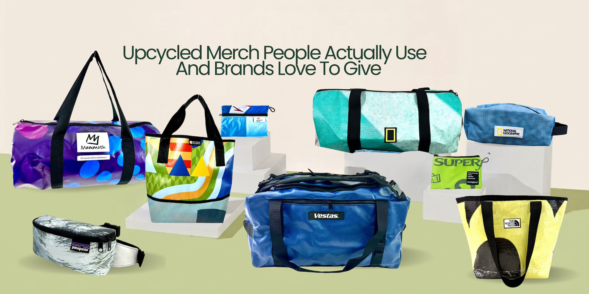 High-end upcycled duffels, totes, pouch and travel gear for corporate gifting